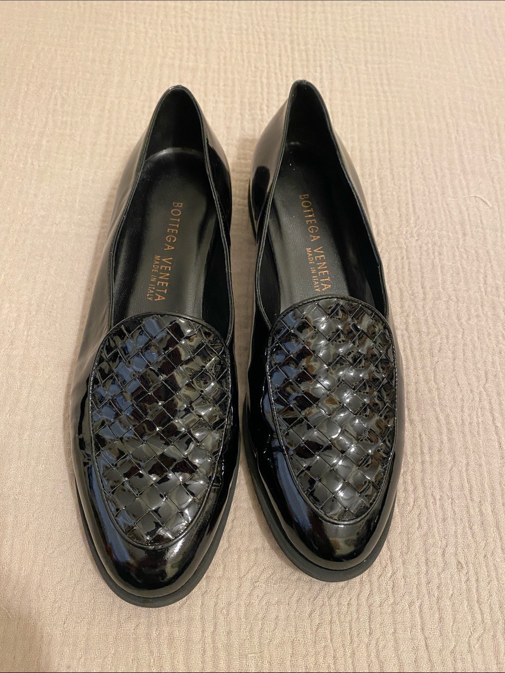 Bottega Veneta Black Patent Leather Woven Loafers. Size 10